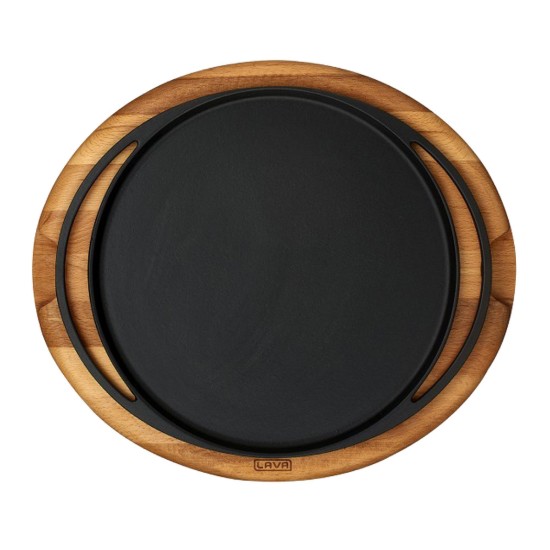 Pizza / palacsintasütő, öntöttvas, 28 cm, fa állvánnyal - LAVA