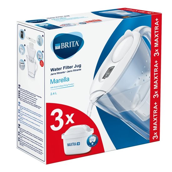 BRITA - Marella vízszűrő kancsó, fehér, 2,4L - kezdőcsomag +3 db Maxtra+ szűrő patron