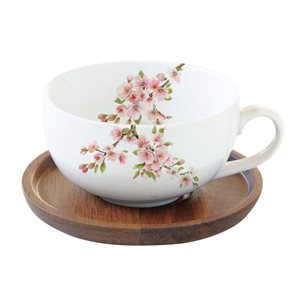 Nouva R2S - 250 ml -es "Sakura" porcelán csésze akácfa tányér alátéttel
