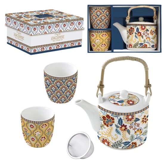 600 ml-es porcelán teáskanna infúzióval és 2 csészével, "Paisley Abundance" kollekció - Easy Life