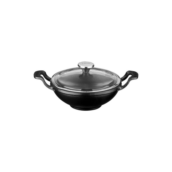 Wok serpenyő üveg fedővel, öntöttvas, 16cm, fekete - LAVA