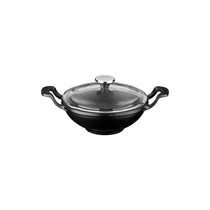 Kerek wok üveg fedéllel, 16 cm, öntöttvas, fekete - láva
