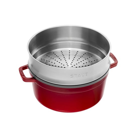 Staub - Cocotte főzőedény, öntöttvas, gőzfőző tartozékkal, 26cm/5,2L, Cherry 