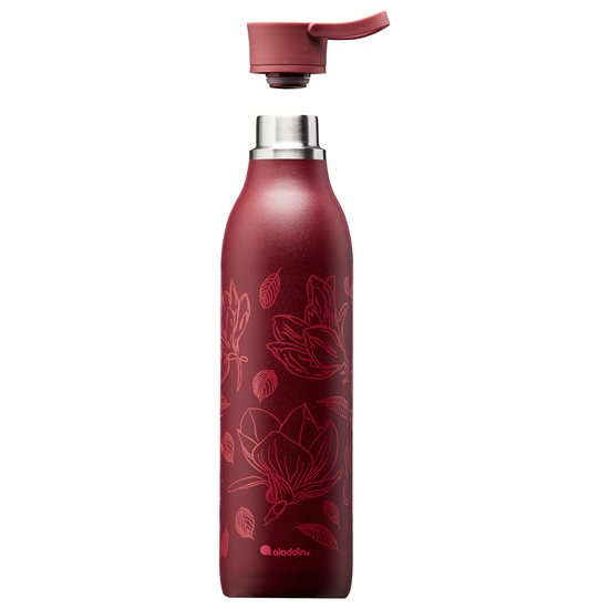 Rozsdamentes acél palack, 600ml, "Cityloop Thermavac", Burgundi Magnolia Print - Aladdin