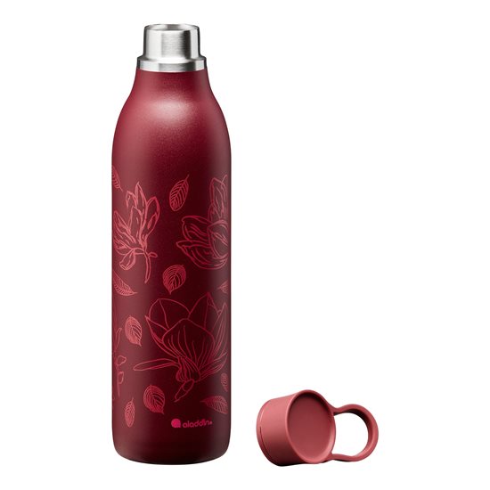 Rozsdamentes acél palack, 600ml, "Cityloop Thermavac", Burgundi Magnolia Print - Aladdin