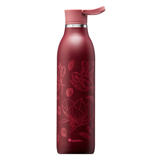 Rozsdamentes acél palack, 600ml, "Cityloop Thermavac", Burgundi Magnolia Print - Aladdin