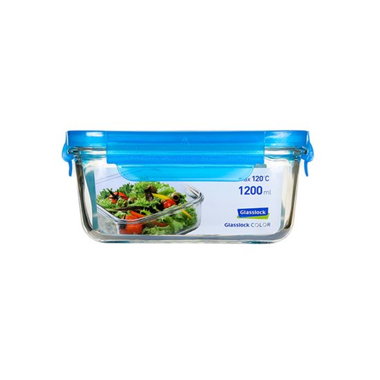 Szögletes élelmiszertároló edény, üveg, 1200ml, kék, "Color" - Glasslock