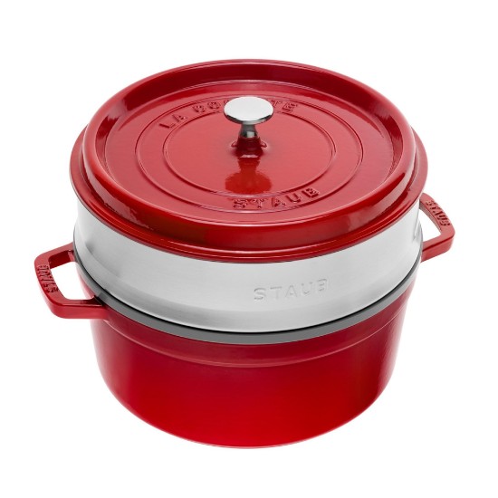 Staub - Cocotte főzőedény, öntöttvas, gőzfőző tartozékkal, 26cm/5,2L, Cherry 