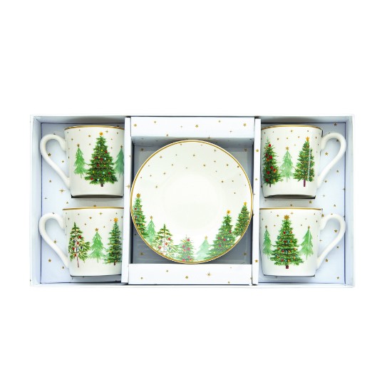 4 db-os teáscsésze készlet csészealjakkal, porcelán, 100 ml, "Festive TREES" - Nuova R2S