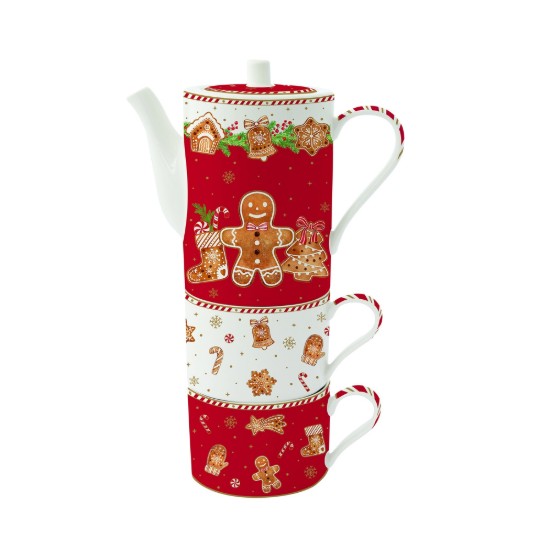 Teáskanna és 2 bögre készlet, porcelán, "Fancy Gingerbread" - Easy Life