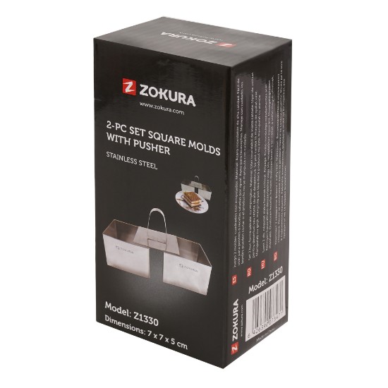 Zokura - 2db Tálalógyűrű és prés, negyzet, rozsdamentes acél, 8 x 5 cm