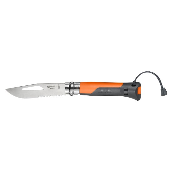 Opinel - "Outdoor" Zsebkés sípppal N°08, rozsdamentes acél, 8,5 cm, Soft Orange 