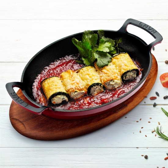 Öntöttvas ovális edény, 27 x 20 cm, faállvánnyal, piros - LAVA márka