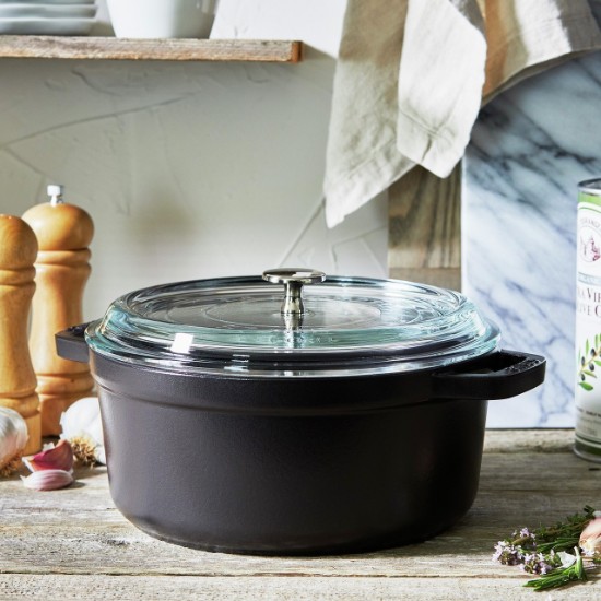 Cocotte öntöttvas főzőedény, üvegtetővel, 24 cm / 3,8 L, Fekete - Staub