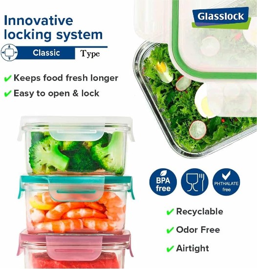Glasslock 3 darabos üveg ételtároló készlet, Négyszögletes
