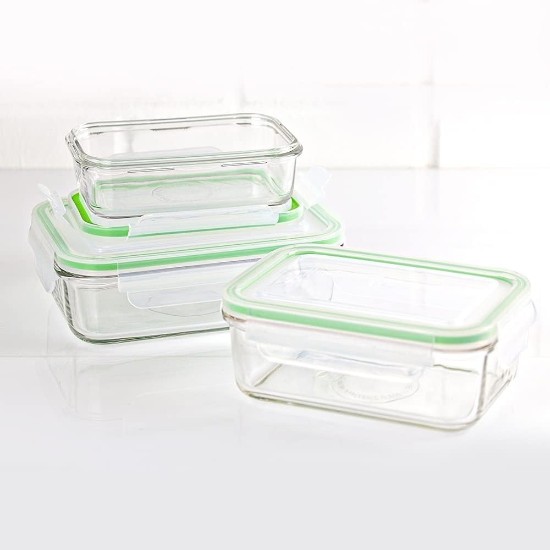 Glasslock - 3 db  üveg ételtároló készlet ~ zöld perem