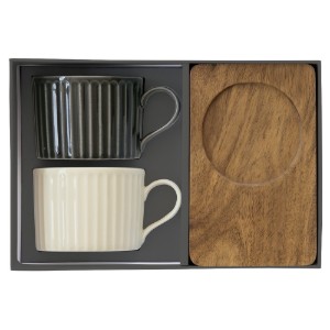 2 porcelán bögréből álló készlet faállvánnyal, 250 ml, "Take a Break", Fekete/Fehér - Nuova R2S