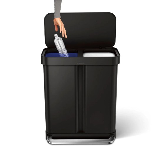 Pedálos szemetes, kétrekeszes, 58 l, rozsdamentes acél, Matte Black - simplehuman