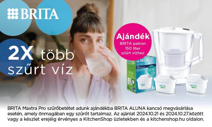 BRITA Maxtra Pro szűrőbetétet adunk ajándékba BRITA ALUNA kancsó megvásárlása esetén, amely önmagában egy szűrőt tartalmaz. Az ajánlat 2024.10.21 és 2024.10.27.között vagy a készlet erejéig érvényes a KitchenShop üzletekben és a kitchenshop.hu oldalon.