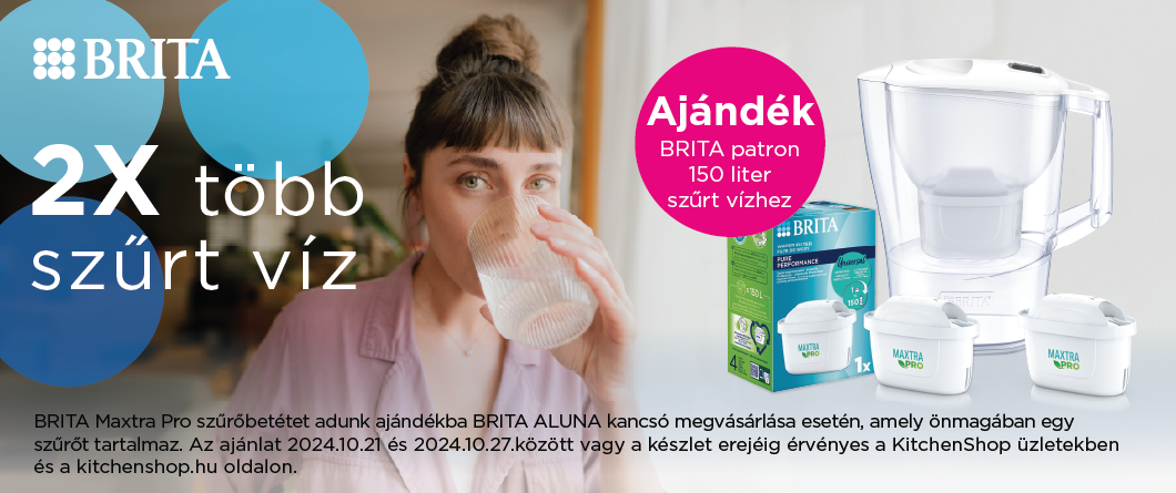 BRITA Maxtra Pro szűrőbetétet adunk ajándékba BRITA ALUNA kancsó megvásárlása esetén, amely önmagában egy szűrőt tartalmaz. Az ajánlat 2024.10.21 és 2024.10.27.között vagy a készlet erejéig érvényes a KitchenShop üzletekben és a kitchenshop.hu oldalon.