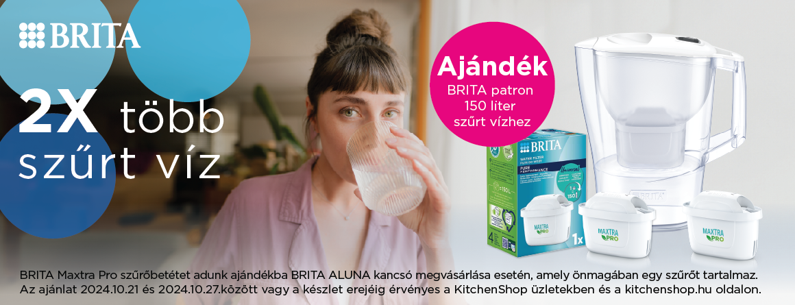 BRITA Maxtra Pro szűrőbetétet adunk ajándékba BRITA ALUNA kancsó megvásárlása esetén, amely önmagában egy szűrőt tartalmaz. Az ajánlat 2024.10.21 és 2024.10.27.között vagy a készlet erejéig érvényes a KitchenShop üzletekben és a kitchenshop.hu oldalon.