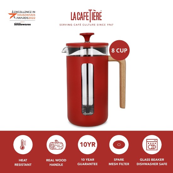 Boroszilikát üvegből készült kávéfőző, 1L, "Pisa", Red - La Cafetiere