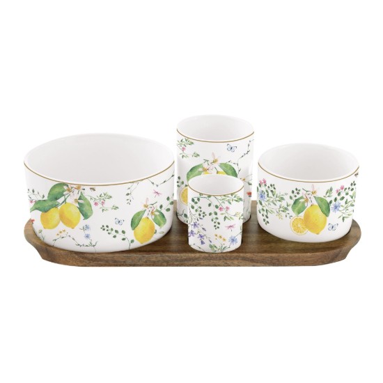 4 porcelán tálból álló készlet, fából készült tálalótálcával, "Fleurs et Citrons" - Easy Life