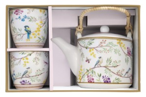 Porcelán teáskanna, 600 ml, infúzióval és 2 bögrével, "Birds Melody" - Nuova R2S