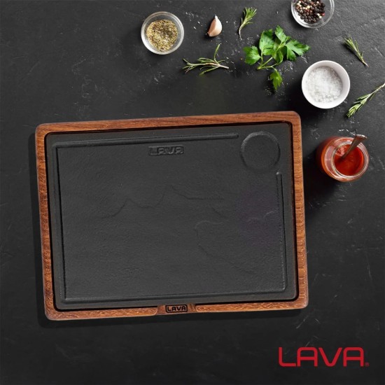 Tálca tálcára, öntöttvas, fa alappal, 33 x 24 cm - LAVA