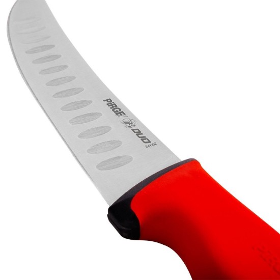 Mészáros kés, ívelt penge bemélyedésekkel, 21 cm, "Duo", piros - Pirge