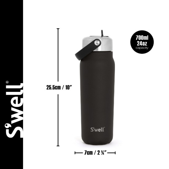 Szigetelt vizes palack beépített szalmával, rozsdamentes acél, 700 ml, "Explorer Flip Straw", Onyx - S'well