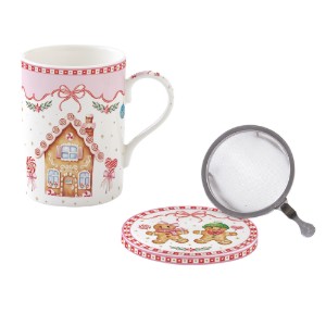 Porcelán bögre, 350ml, tetővel és filterrel, "Sweet Christmas" - Nuova R2S
