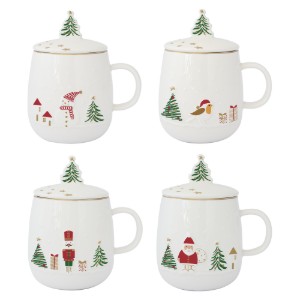 Bögre tetővel és fém betéttel, porcelán, dombornyomott mintával, 450ml, "Let it Snow" - Nuova R2S