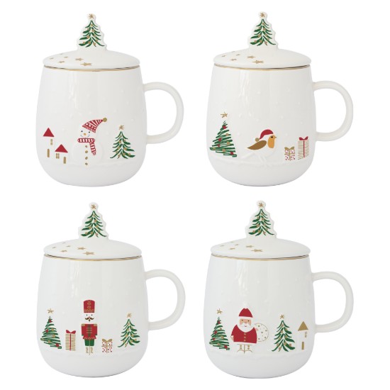 Bögre tetővel és fém betéttel, porcelán, dombornyomott mintával, 450ml, "Let it Snow" - Nuova R2S