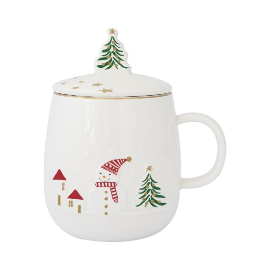 Bögre tetővel és fém betéttel, porcelán, dombornyomott mintával, 450ml, "Let it Snow" - Easy Life