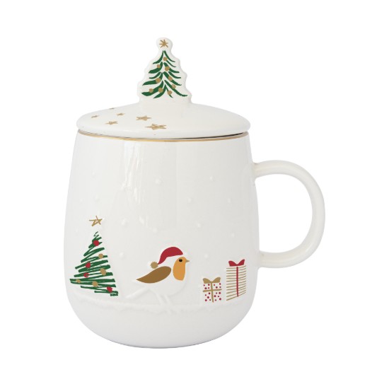 Bögre tetővel és fém betéttel, porcelán, dombornyomott mintával, 450ml, "Let it Snow" - Easy Life