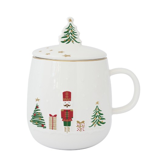 Bögre tetővel és fém betéttel, porcelán, dombornyomott mintával, 450ml, "Let it Snow" - Nuova R2S