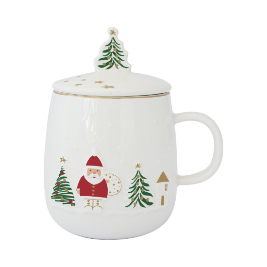 Bögre tetővel és fém betéttel, porcelán, dombornyomott mintával, 450ml, "Let it Snow" - Nuova R2S