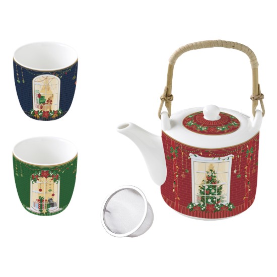 Porcelán teáskanna, 600 ml, infúzióval és 2 teáscsészével, "Festive Avenue" - Nuova R2S