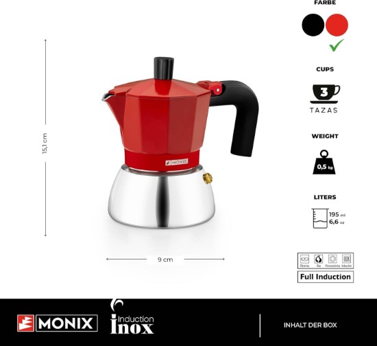 Rozsdamentes acél/alumínium kávéfőző, 195 ml, piros - Monix