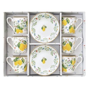 6 db csésze kávéscsésze készlet csészealjjal, porcelán, 100 ml, "Fleurs et Citrons" - Nuova R2S