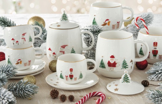 Bögre tetővel és fém betéttel, porcelán, dombornyomott mintával, 450ml, "Let it Snow" - Easy Life