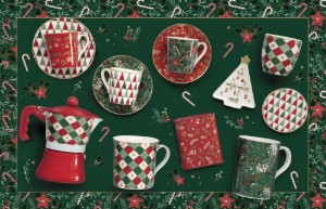 4 darabos előétel tálalókészlet, bambusz állvánnyal, "Fancy Christmas" - Nuova R2S