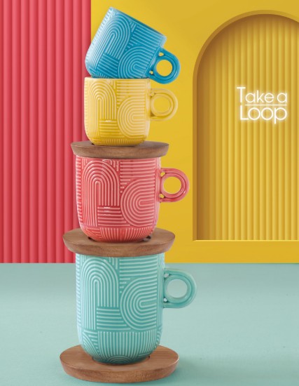 2 db porcelán bögre készlet, 250 ml, akác csészealjjal, "Take a Loop", kék/zöld - Nuova R2S