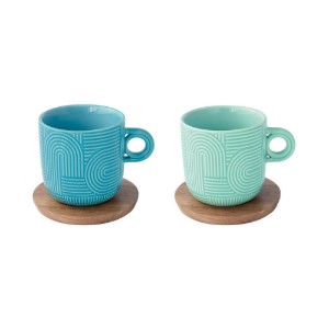 2 db porcelán bögre készlet, 250 ml, akác csészealjjal, "Take a Loop", kék/zöld - Nuova R2S