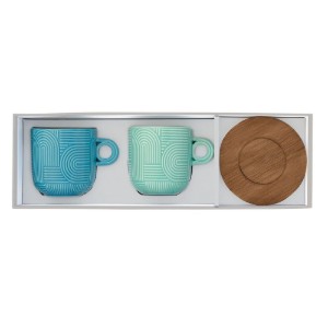 2 db porcelán bögre készlet, 250 ml, akác csészealjjal, "Take a Loop", kék/zöld - Nuova R2S