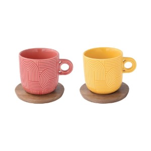 2 db porcelán bögre készlet, 250 ml, akác csészealjjal, "Take a Loop", piros/narancssárga - Nuova R2S
