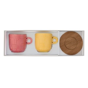 2 db porcelán bögre készlet, 250 ml, akác csészealjjal, "Take a Loop", piros/narancssárga - Nuova R2S
