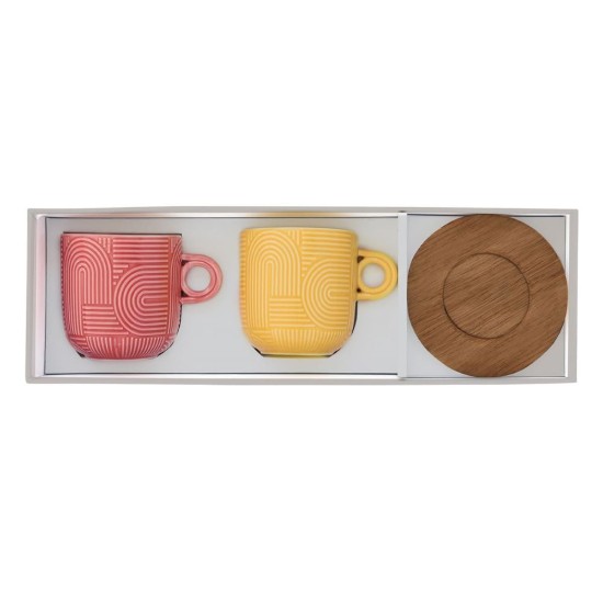 2 db porcelán bögre készlet, 250 ml, akác csészealjjal, "Take a Loop", piros/narancssárga - Nuova R2S