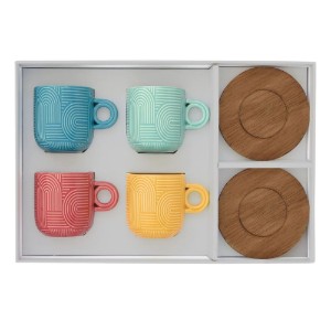 4 db-os kávéscsésze készlet, porcelán, 110 ml, akác csészealjjal, "Take a Loop" - Nuova R2S
